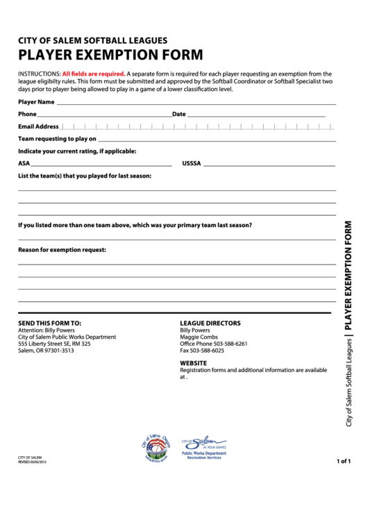 Fillable Player Exemption Form Printable pdf