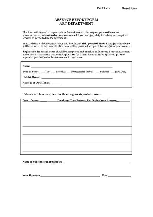 Fillable Absence Report Form Art Department Printable pdf