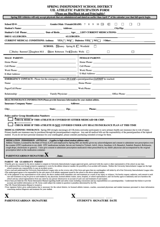 Spring Independent School Districtuil Athletic Participation Form Printable pdf