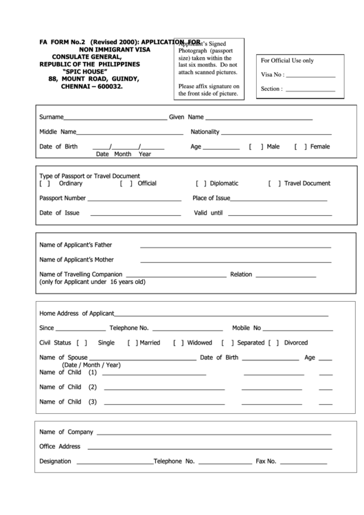 Fa Form No.2 - Application For Non Immigrant Visa (Republic Of The Philippines) Printable pdf