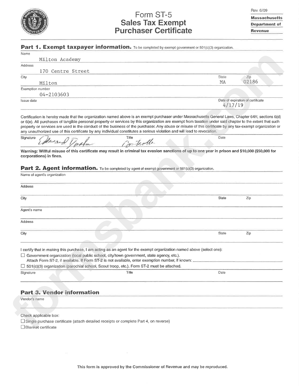 Ma Sales Tax Exempt Purchaser Certificate Form St-5 - Milton Academy