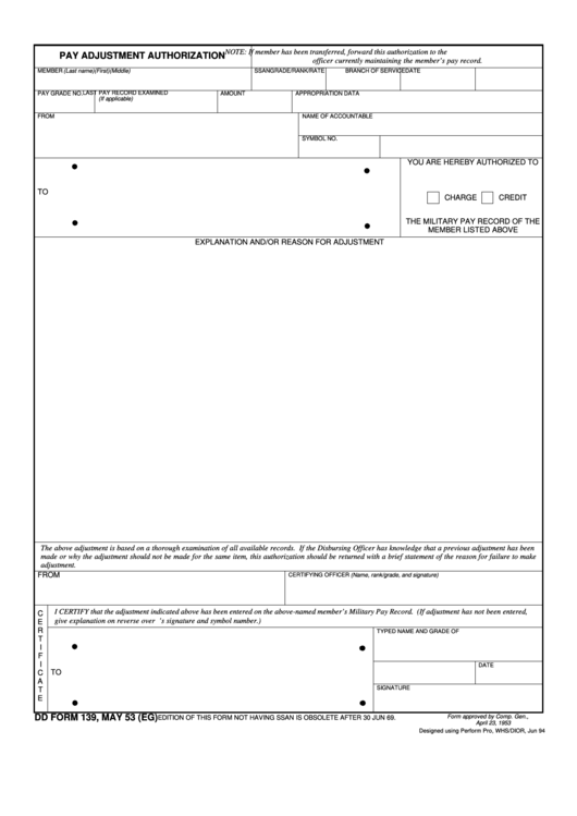 Pay Adjustment Authorization (Dd Form 139) Printable pdf