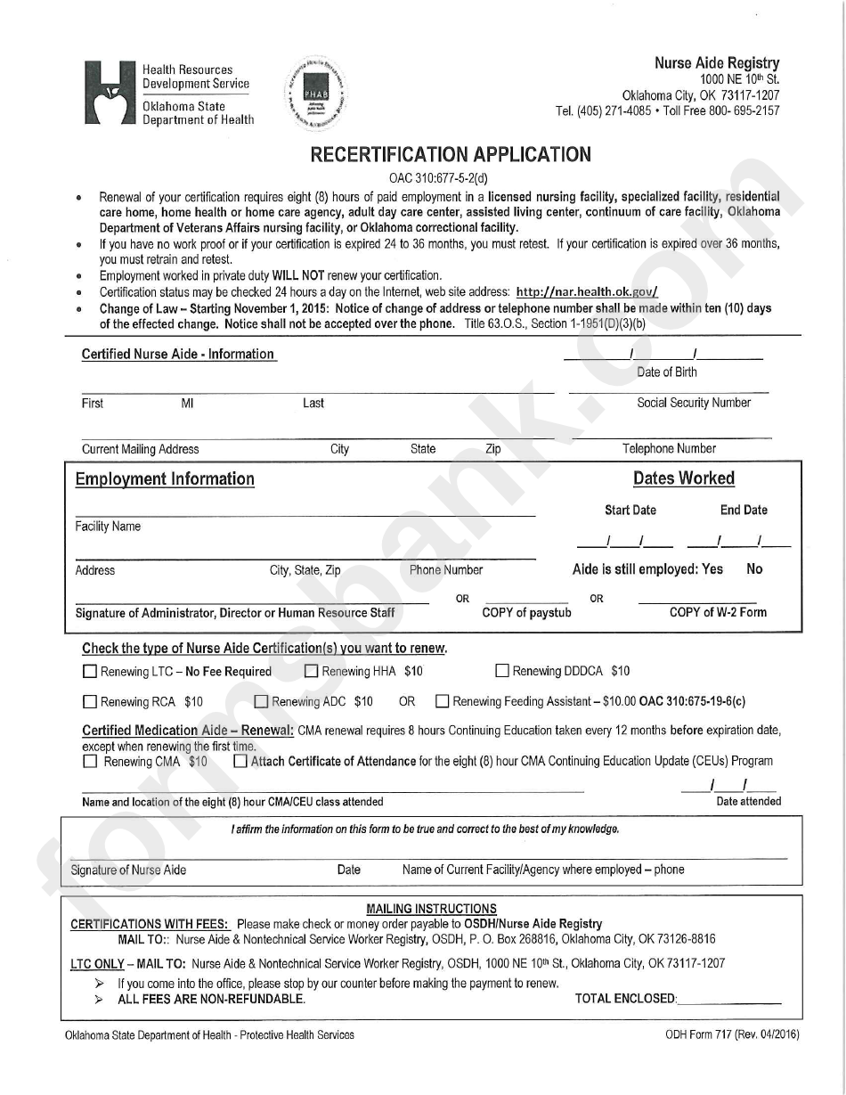 Odh Form 717 Recertification Application Printable Pdf Download 6016