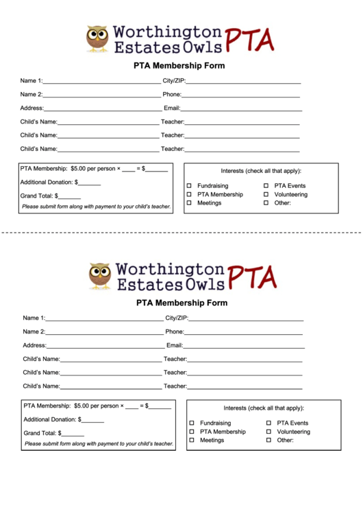 Pta Membership Form Printable Pdf Download