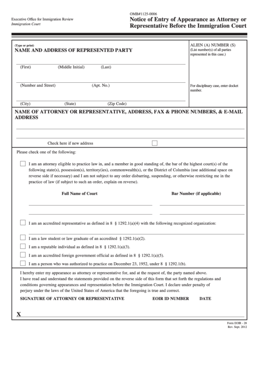 Form Eoir 28 Notice Of Entry Of Appearance As Attorney Or