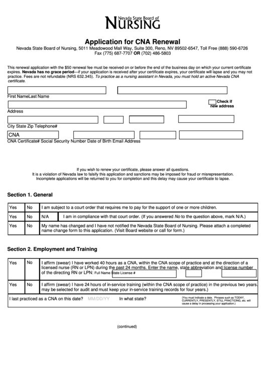 Fillable Cna Renewal Application - Nevada State Board Of Nursing Printable pdf