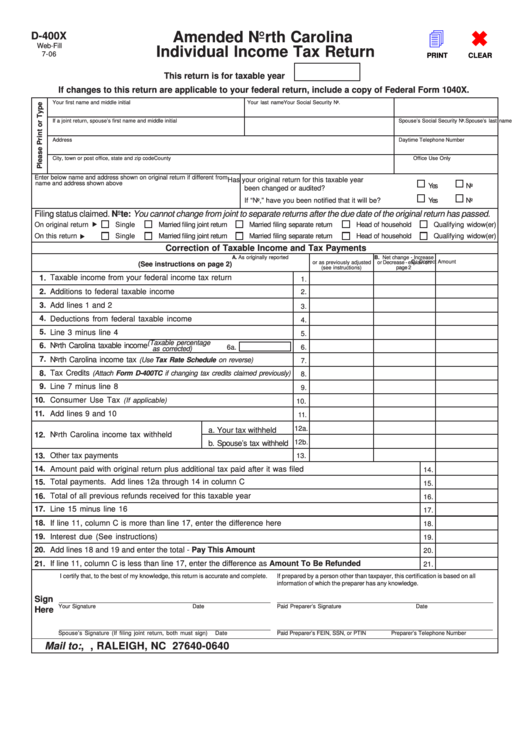 D 400x Amended North Carolina Individual Income Tax Return Printable Pdf Download