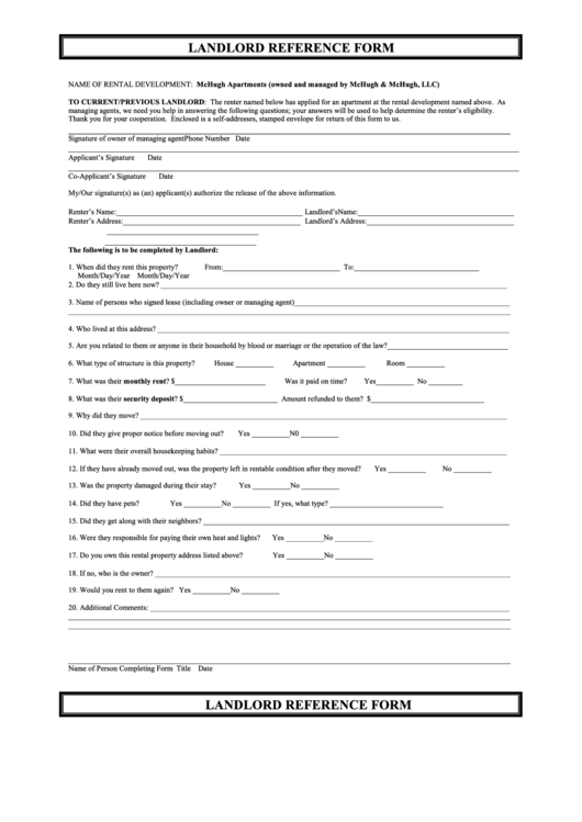 Landlord Reference Form Printable pdf