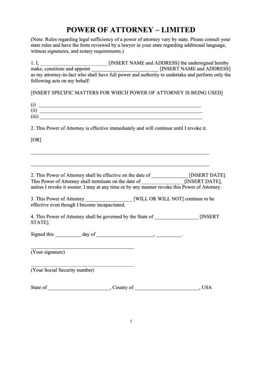 Fillable Power Of Attorney And Acknowledgment Form Printable pdf