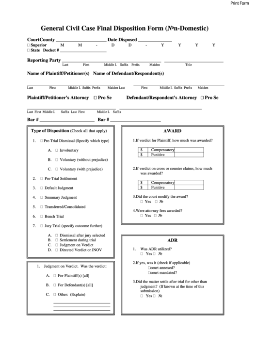 Fillable General Civil Case Final Disposition Form (Non-Domestic) Printable pdf