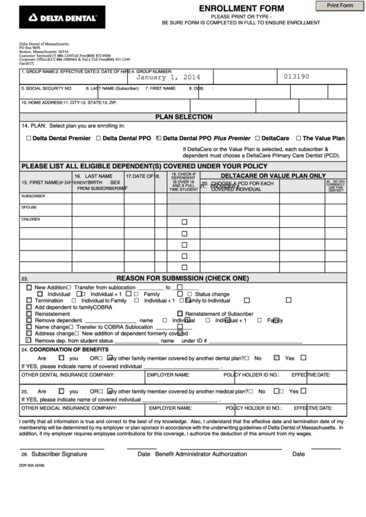 Form Ddp-605 - Enrollment Form Printable pdf