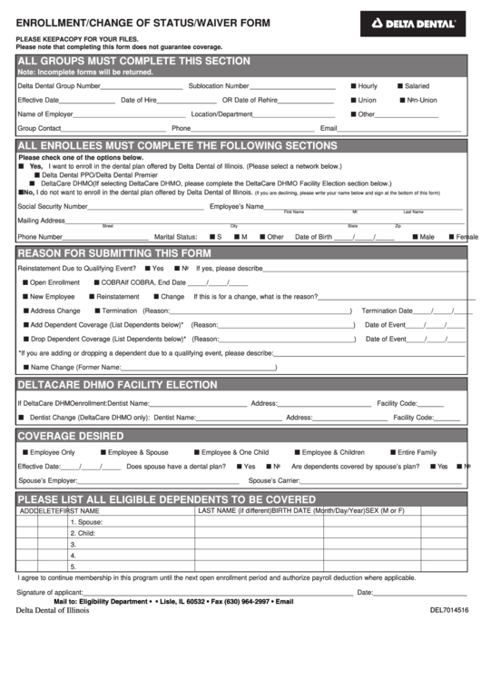 Fillable Delta Dental Enrollment Form Printable pdf