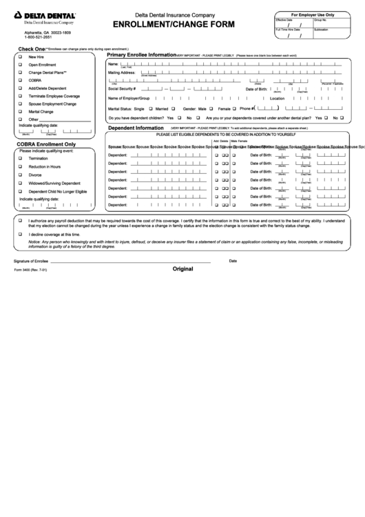 Form 3400 - Dental Enrollment Printable pdf
