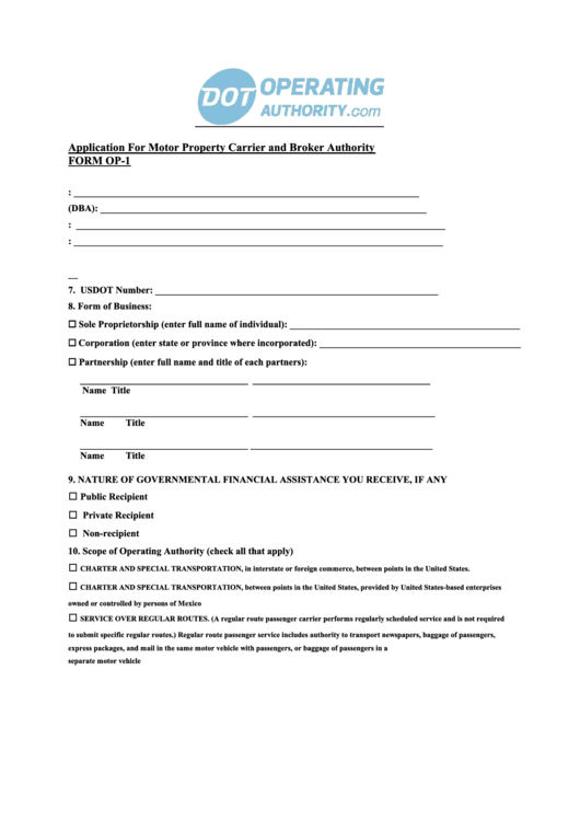 Form Op-1 - Application For Motor Property Carrier And Broker Authority