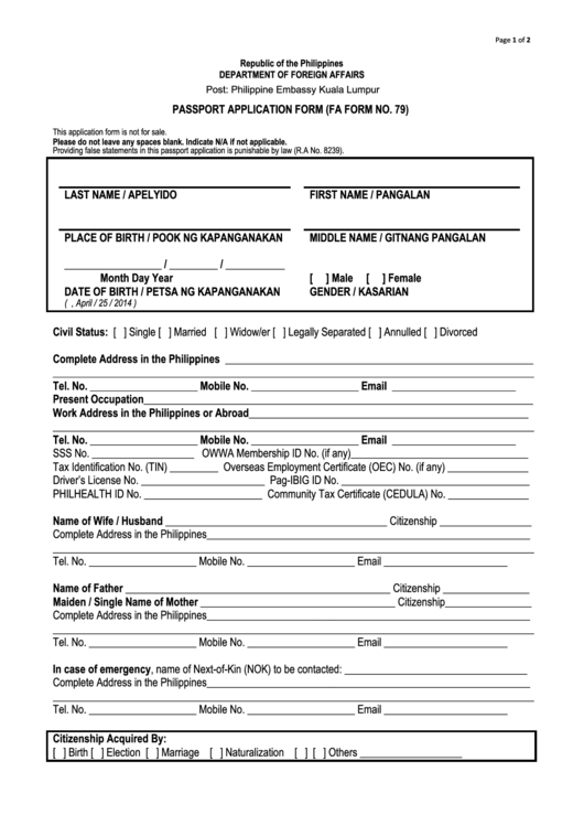 Passport Application Form (fa Form No. 79) - Philippine Embassy