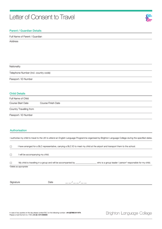 Letter Of Consent To Travel Template