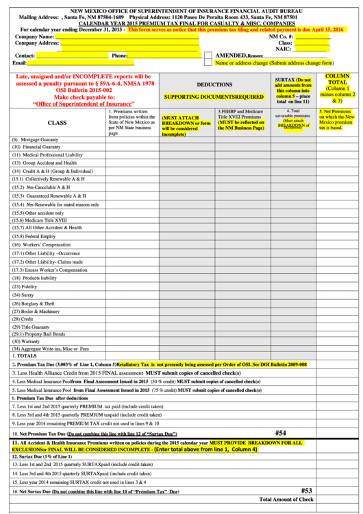 Fillable Form 301 2015 - Casualty Final - Office Of Superintendent Of Insurance Printable pdf