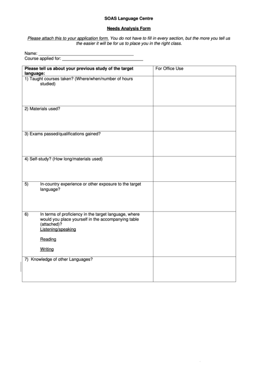 Needs Analysis Form Printable pdf