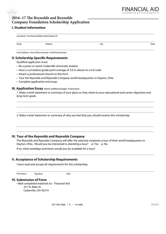 Form Fa16rrs - Company Foundation Scholarship Application Printable pdf