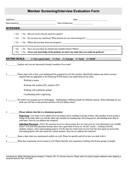 Member Screening/interview Evaluation Form Printable pdf