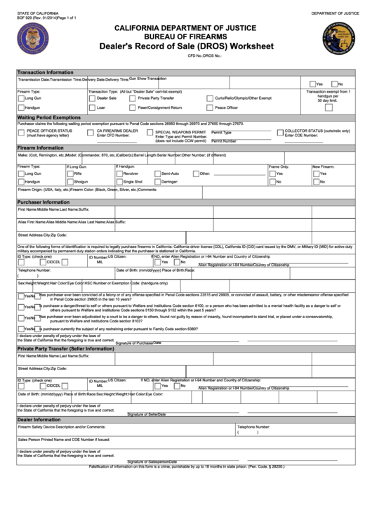 Dealer's Record Of Sale (dros) Worksheet - State Of California