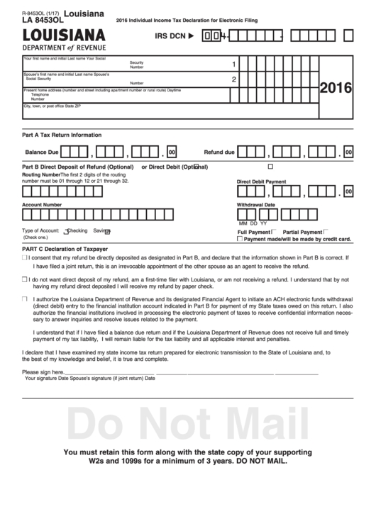 8453 Ol Form - Louisiana Department Of Revenue - Individual Income Tax Declaration For Electronic Filling