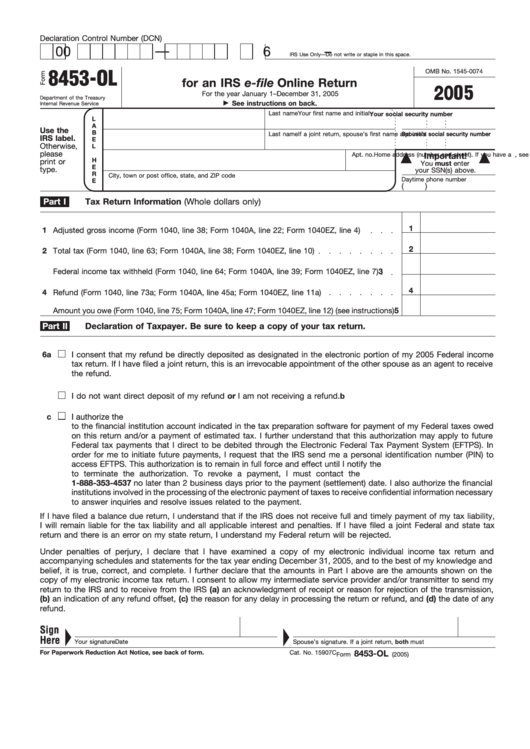 Fillable 2005 Form 8453-Ol - U.s. Individual Income Tax Declaration For An Irs E-File Online Return Printable pdf
