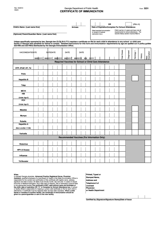 Certificate Of Immunization Georgia Department Of Public Health 