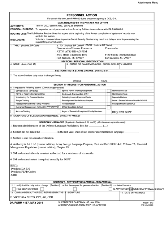 Da Form 4187 - Personnel Action printable pdf download