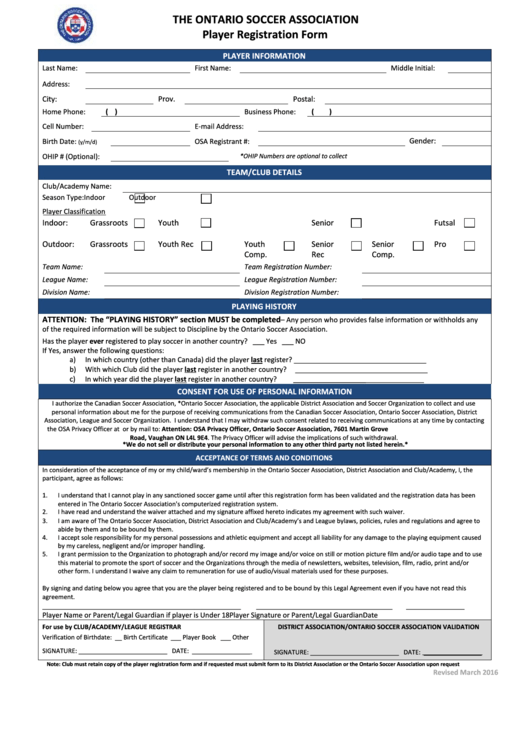 The Ontario Soccer Association Player Registration Form