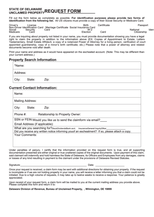 Fillable Unclaimed Property Request Form Printable pdf