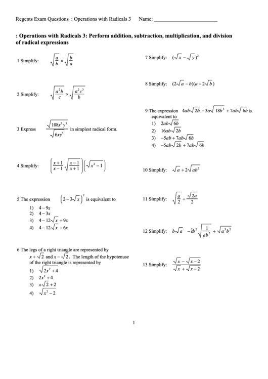 Operations With Radicals Printable pdf