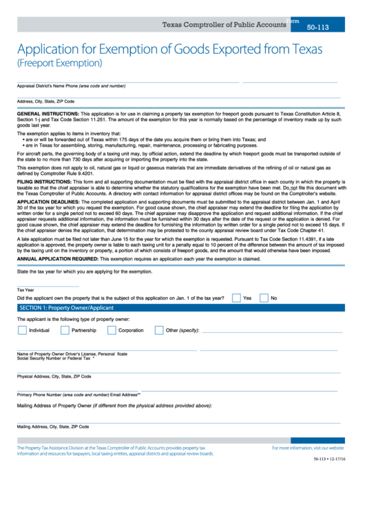 Fillable Form 50-113 - Application For Exemption Of Goods Exported From Texas - 2015 Printable pdf