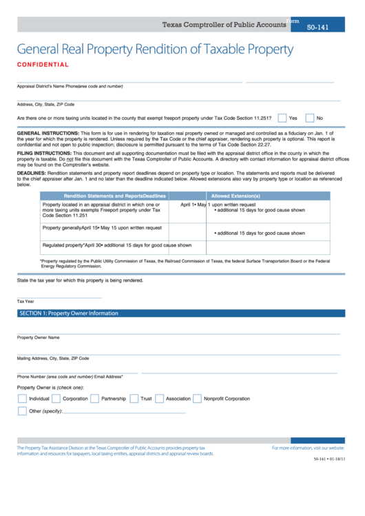 Fillable Form 50-141 - General Real Property Rendition Of Taxable Property - 2010 Printable pdf