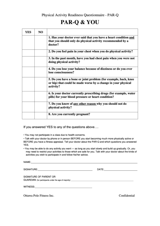 Physical Activity Readiness Questionnaire Printable pdf