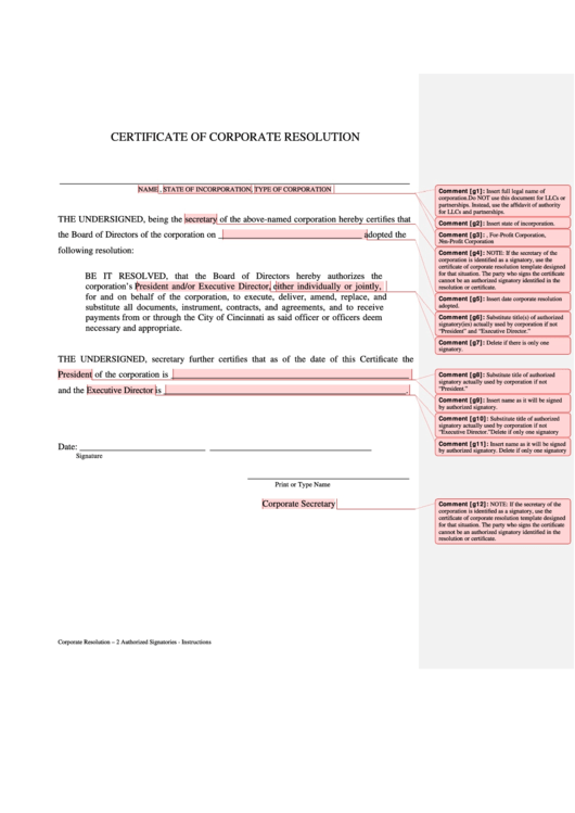 Corporate Resolution With Instructions Printable pdf