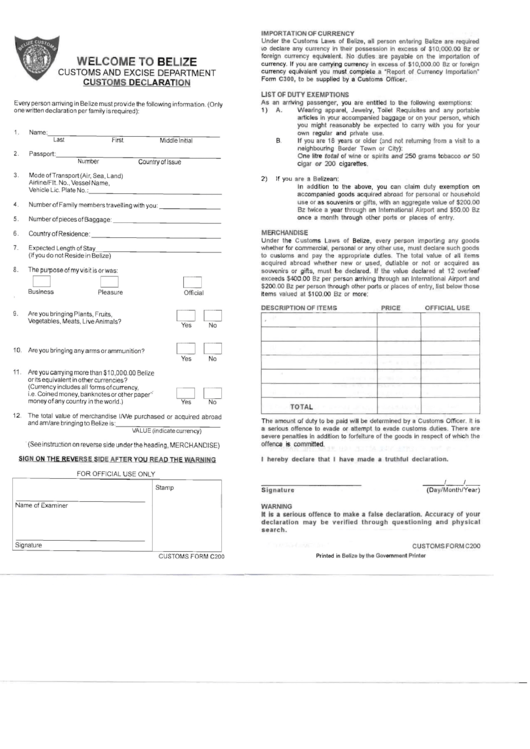 Belize Customs Declaration Printable pdf