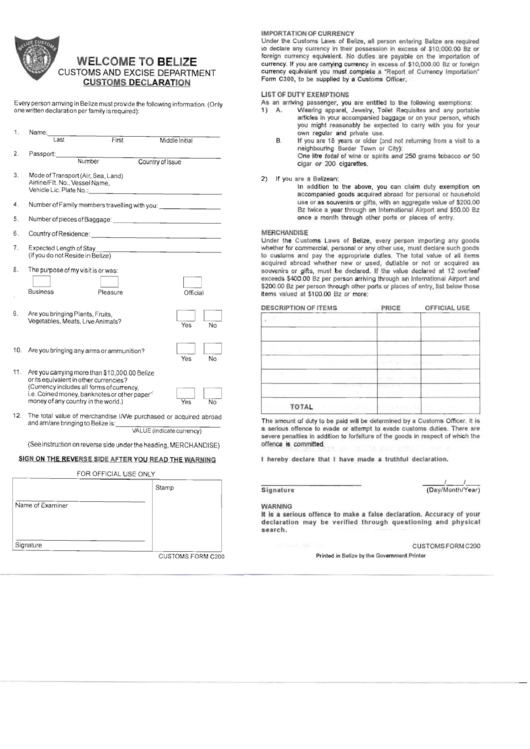 invoice form pages pdf Customs Declaration download printable Belize