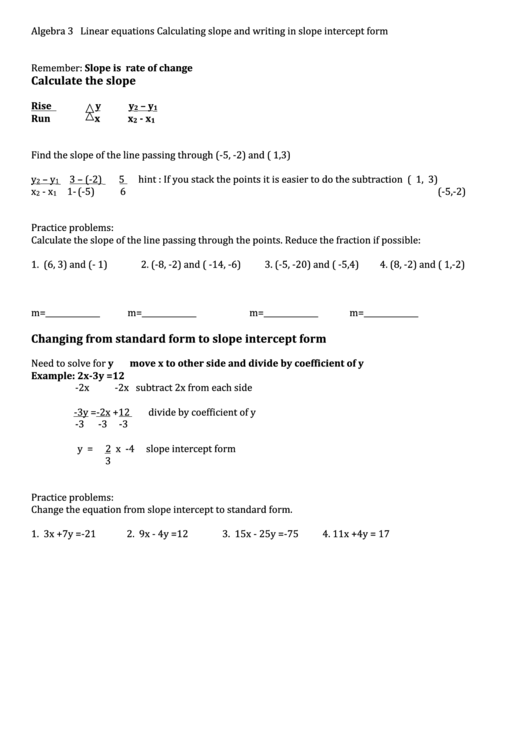 Linear Equations Calculating Slope And Writing In Slope Intercept Form Printable pdf