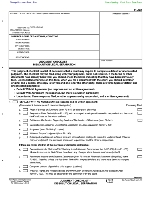 Fillable Form Fl-182 - Judgment Checklist-Dissolution/legal Separation Printable pdf
