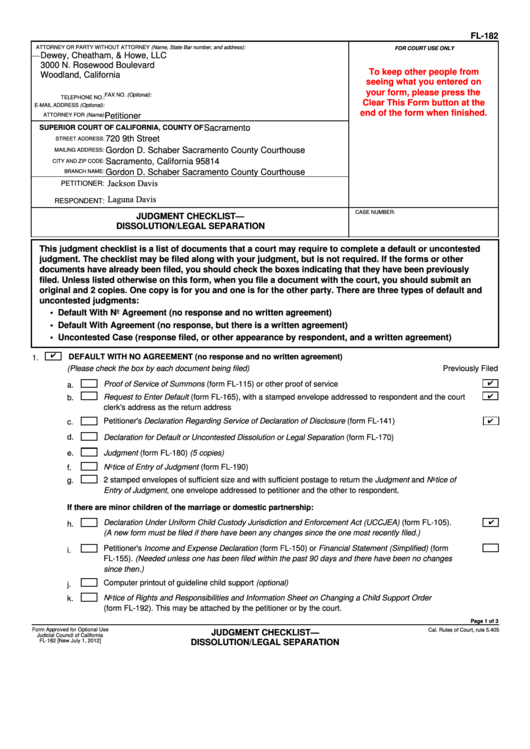 Fillable Fl-182 Judgment Checklist-Dissolution/legal Separation Printable pdf