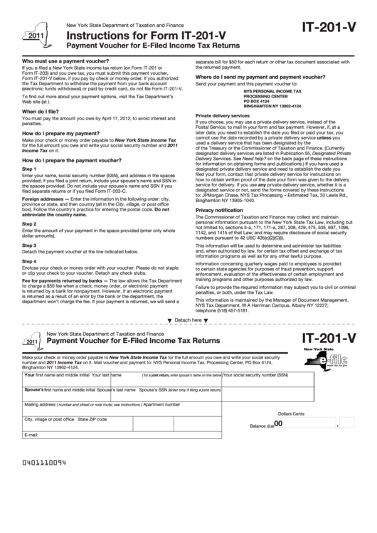 Fillable Form It-201-V (2011) Payment Voucher For E-Filed Income Tax Returns - New York State Printable pdf