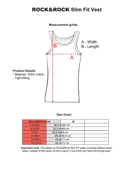 Rock & Rock Slim Fit Vest Size Chart Printable pdf
