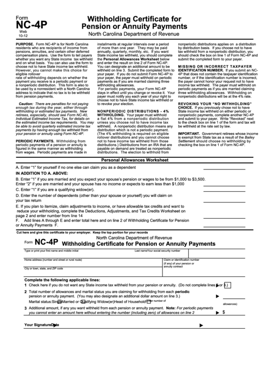 Withholding Certificate For Pension Or Annuity Payments - North Carolina Printable pdf