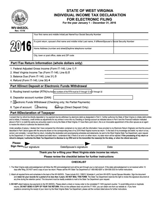 Form Wv 8453ol -State Of West Virginia Individual Income Tax Declaration For Elrctroniv Filing - 2016 Printable pdf