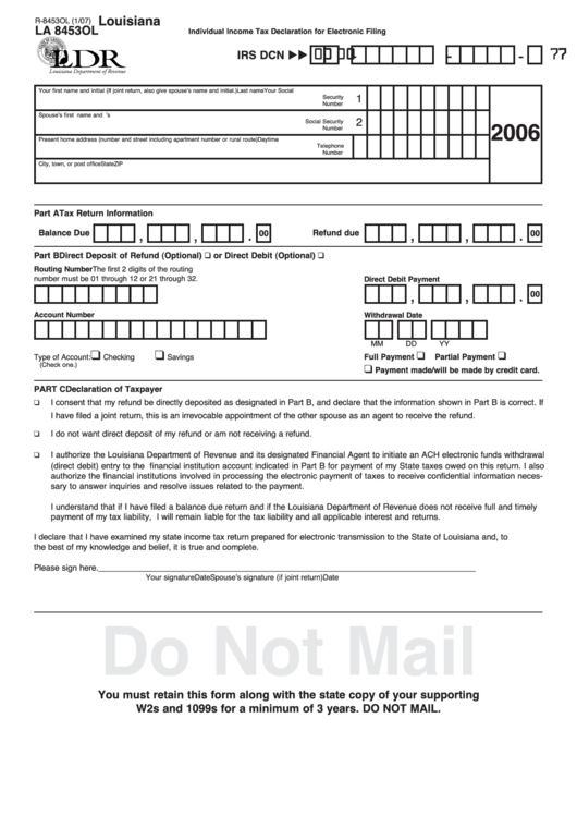 La Form 8453ol - Louisiana Individual Income Tax Declaration For Electronic Filling (2006) Printable pdf