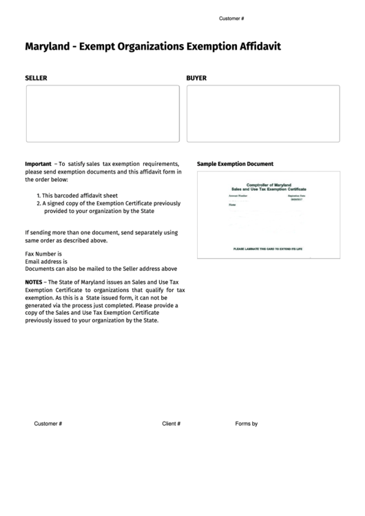 Fillable Maryland - Exempt Organizations Exemption Affidavit Printable pdf