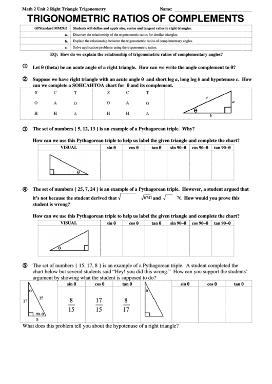Trigonometric Ratios Of Complements Printable pdf