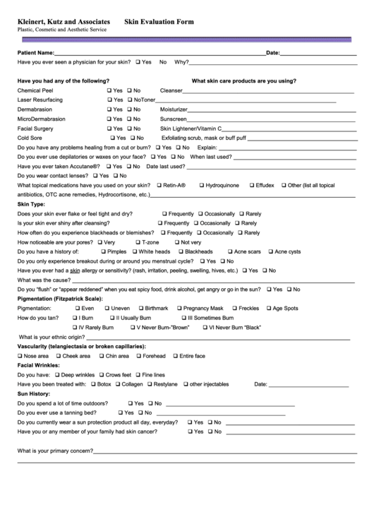 Skin Evaluation Form - Kleinert Kutz Hand Care Center Printable pdf