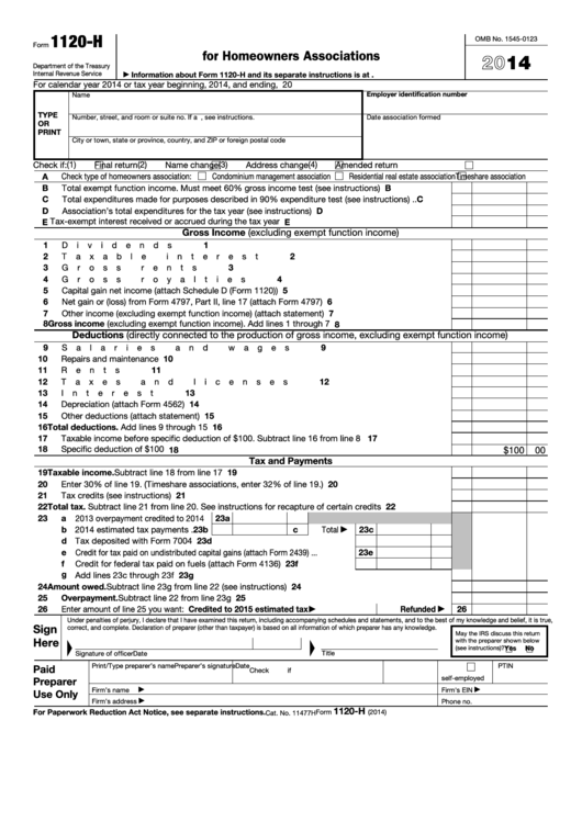 Fillable Form 1120-H - U.s. Income Tax Return For Homeowners Associations - 2014 Printable pdf
